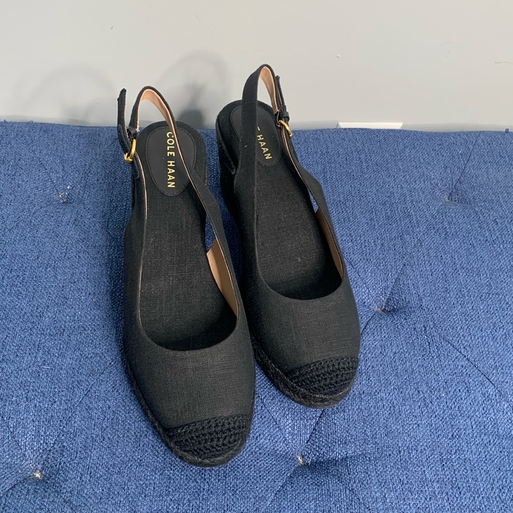 Women’s size 10 Cole Haan black closed toe espadrille wedges.